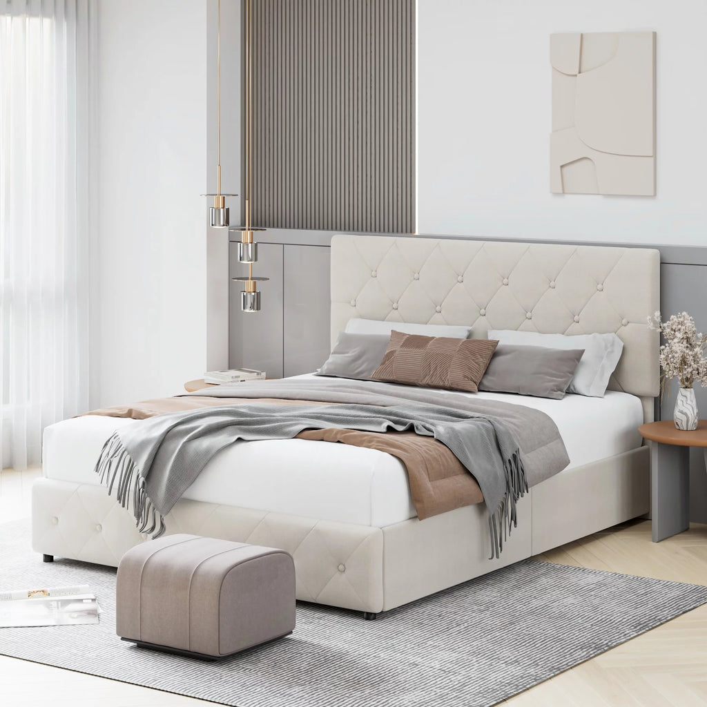 Queen Size 4 Drawer Upholstered Platform Bed with Adjustable Headboard G43720
