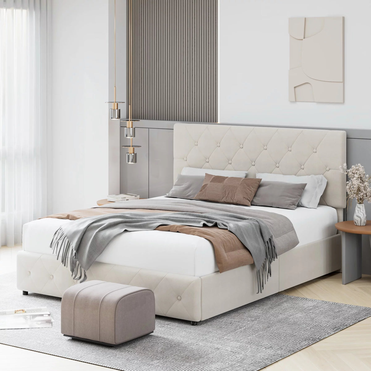 Queen Size 4 Drawer Upholstered Platform Bed with Adjustable Headboard G43720
