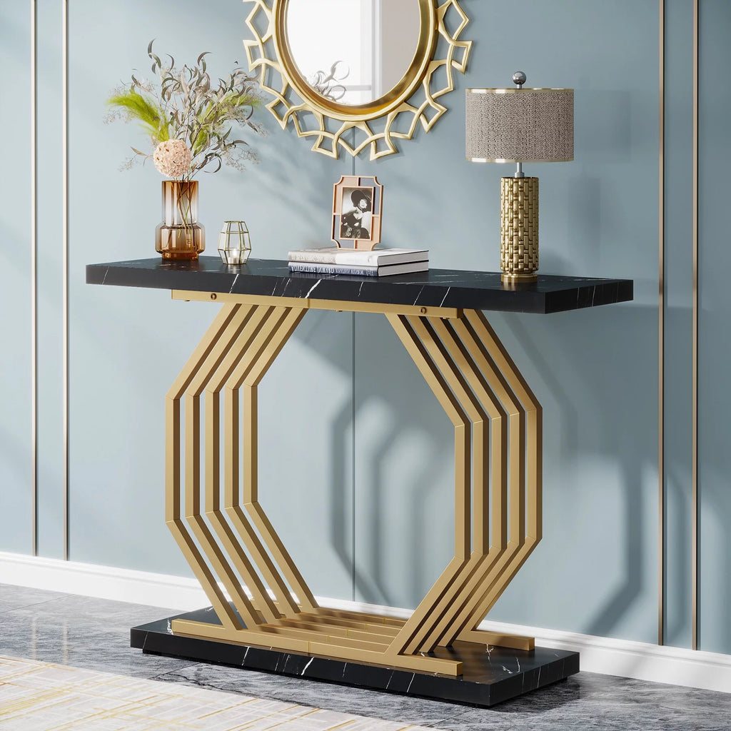 Gold Console Table with Geometric Metal Base E4043