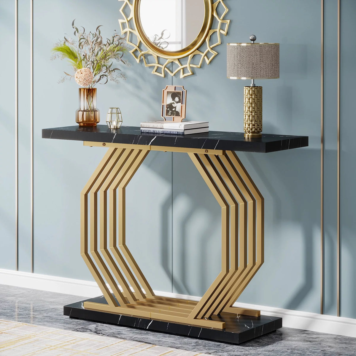 Gold Console Table with Geometric Metal Base E4043