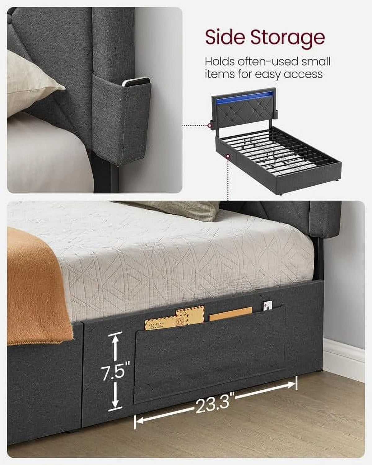 Twin Size LED Bed Frame with Headboard and 4 Drawers Dark Grey P63882