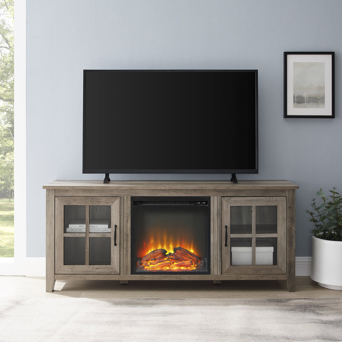 Grey Wash Glass-Door Fireplace TV Stand J234