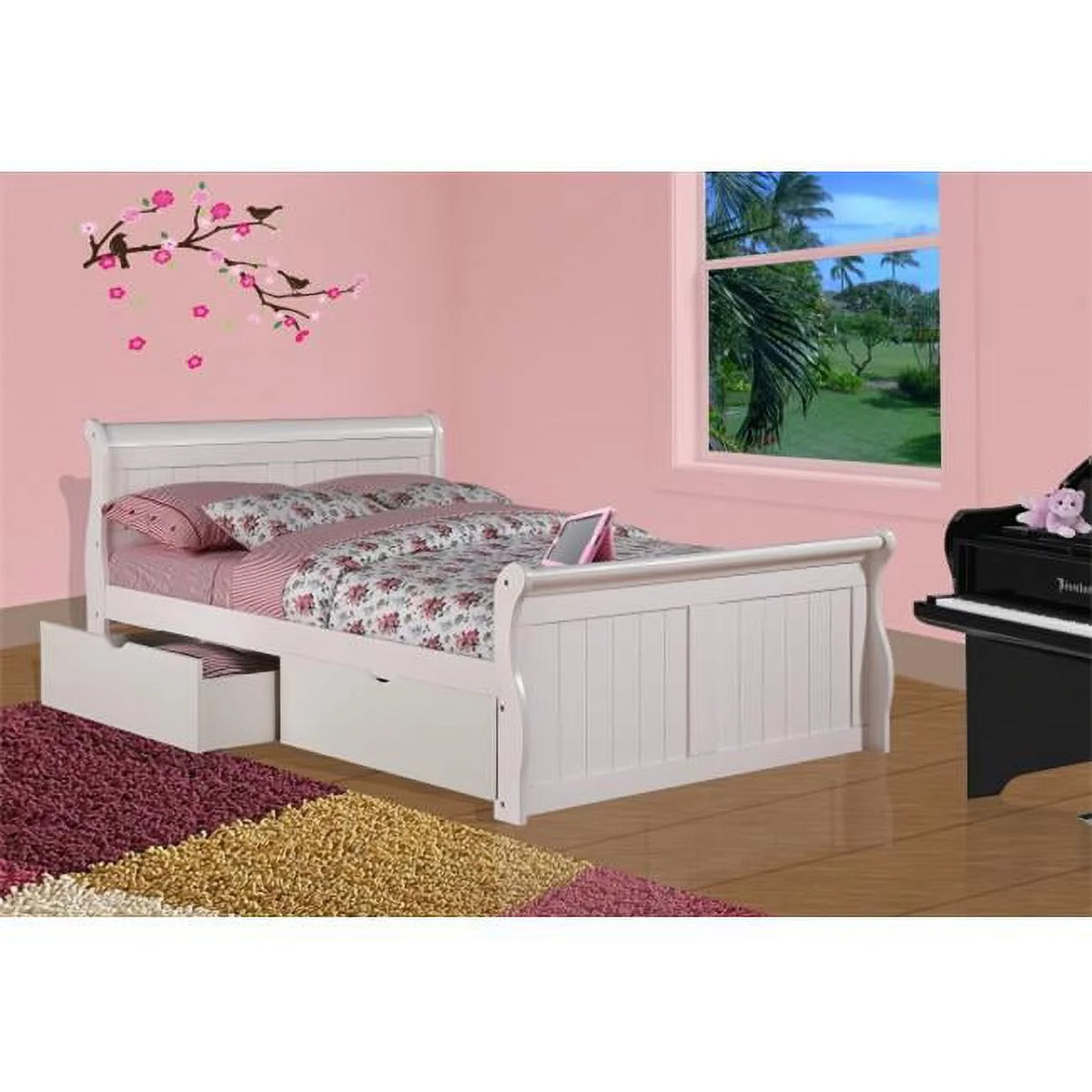 White Sleigh Bed with Underbed Drawers J941