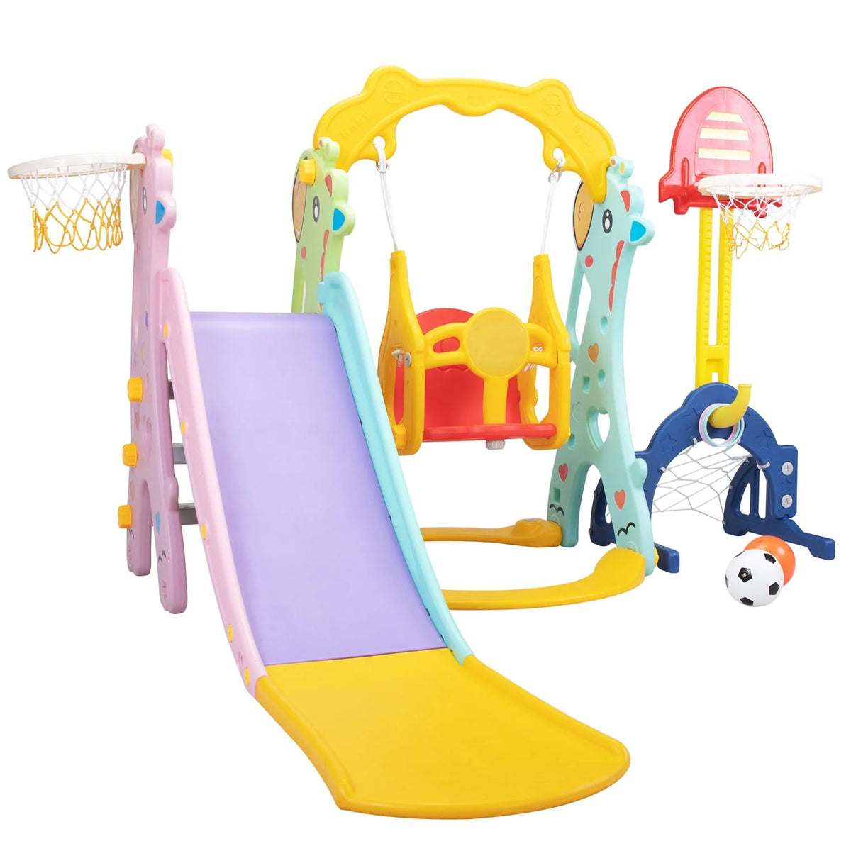 5 in 1 Kids Slide and Swing Set with 2 Basketball Hoops N88066