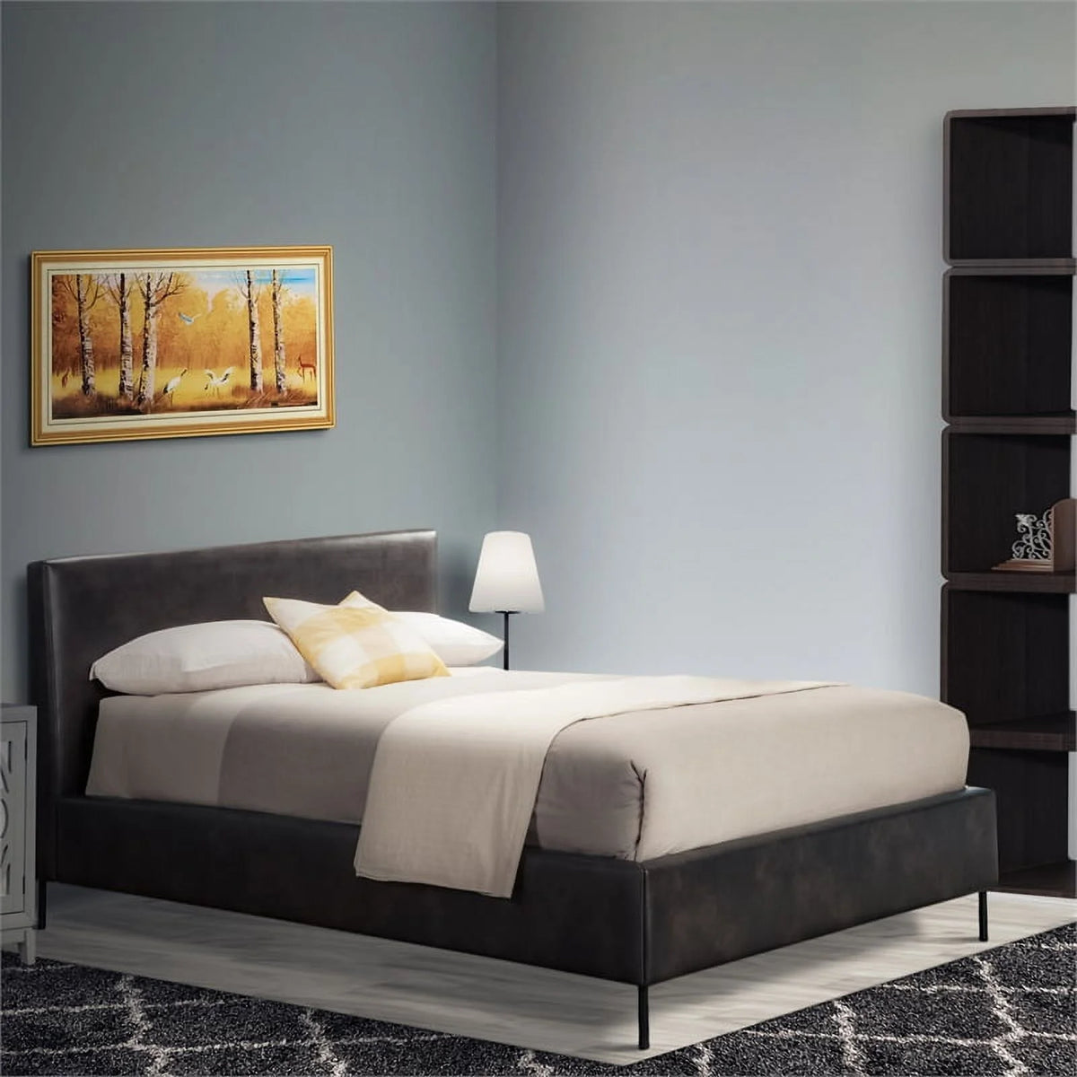 Gray Faux Leather & Solid Wood King Bed with Metal Legs N7962