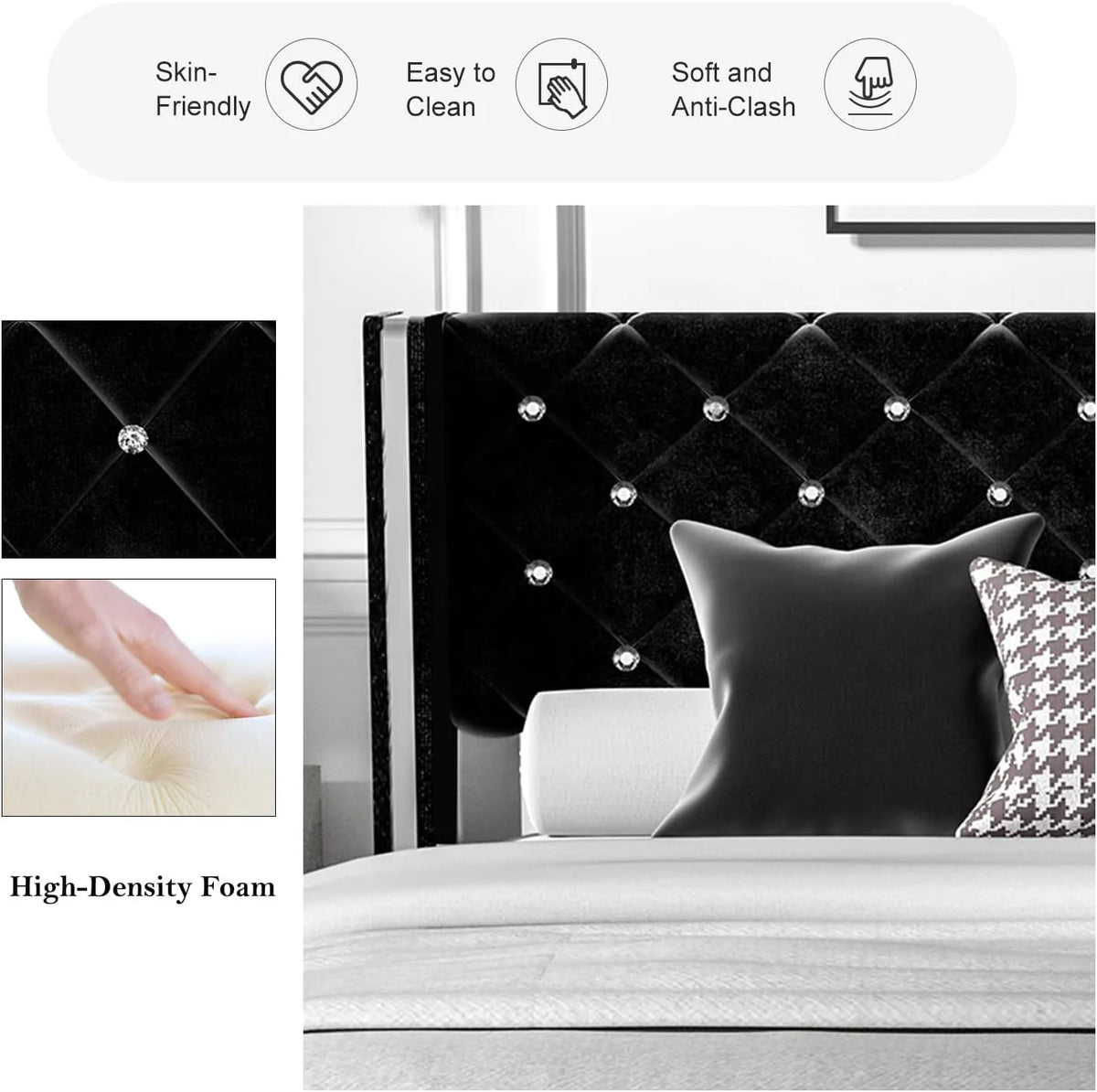 Queen Size Upholstered Platform Bed Frame with Wingback Diamond Tufted Headboard V587