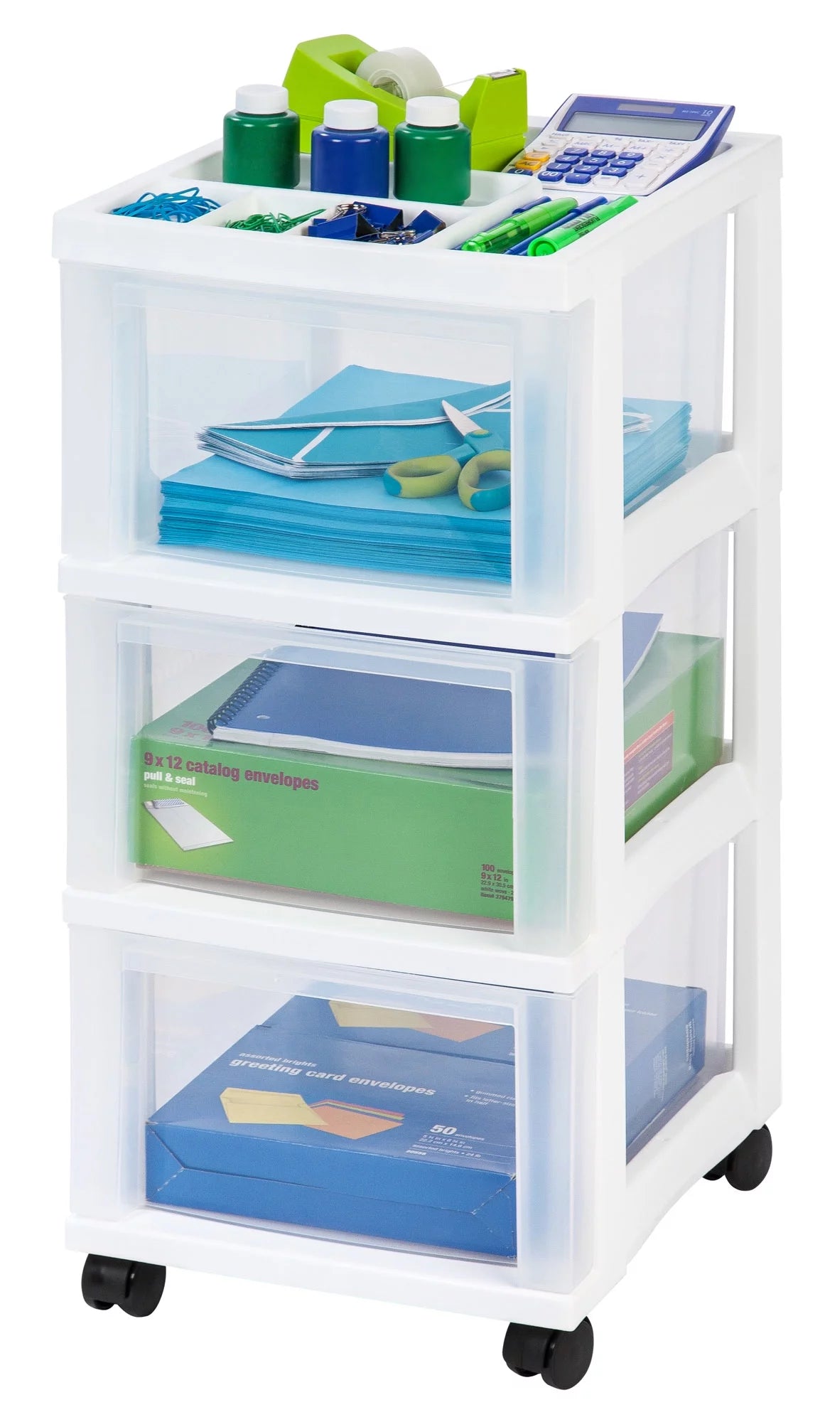 White 3 Drawer Narrow Plastic Storage Drawer with Organizer Top Y686313