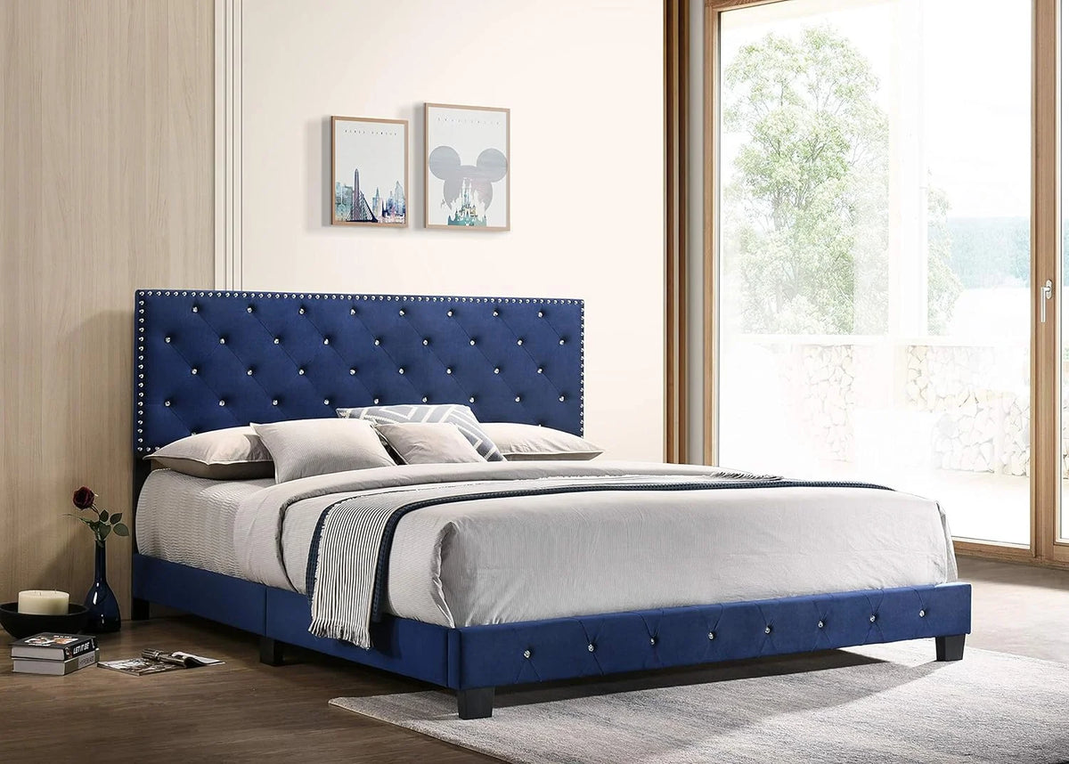 Velvet Upholstered King Bed Navy Blue J14061