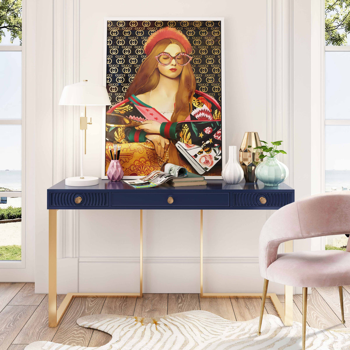 Blue Lacquer Office Desk With Gold Legs H948330