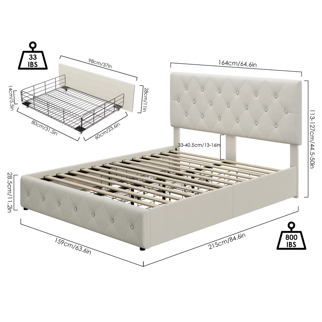 Queen Size 4 Drawer Upholstered Platform Bed with Adjustable Headboard G43720