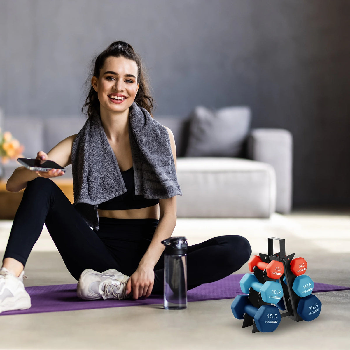 5, 10 & 15 Pound Neoprene Dumbbell Weight Set with Storage Rack J403576
