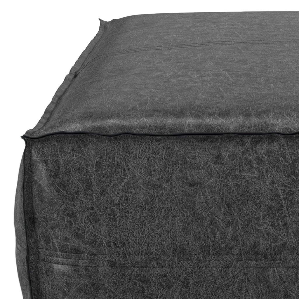 Distressed Black Vegan Faux Leather Pouf F460171