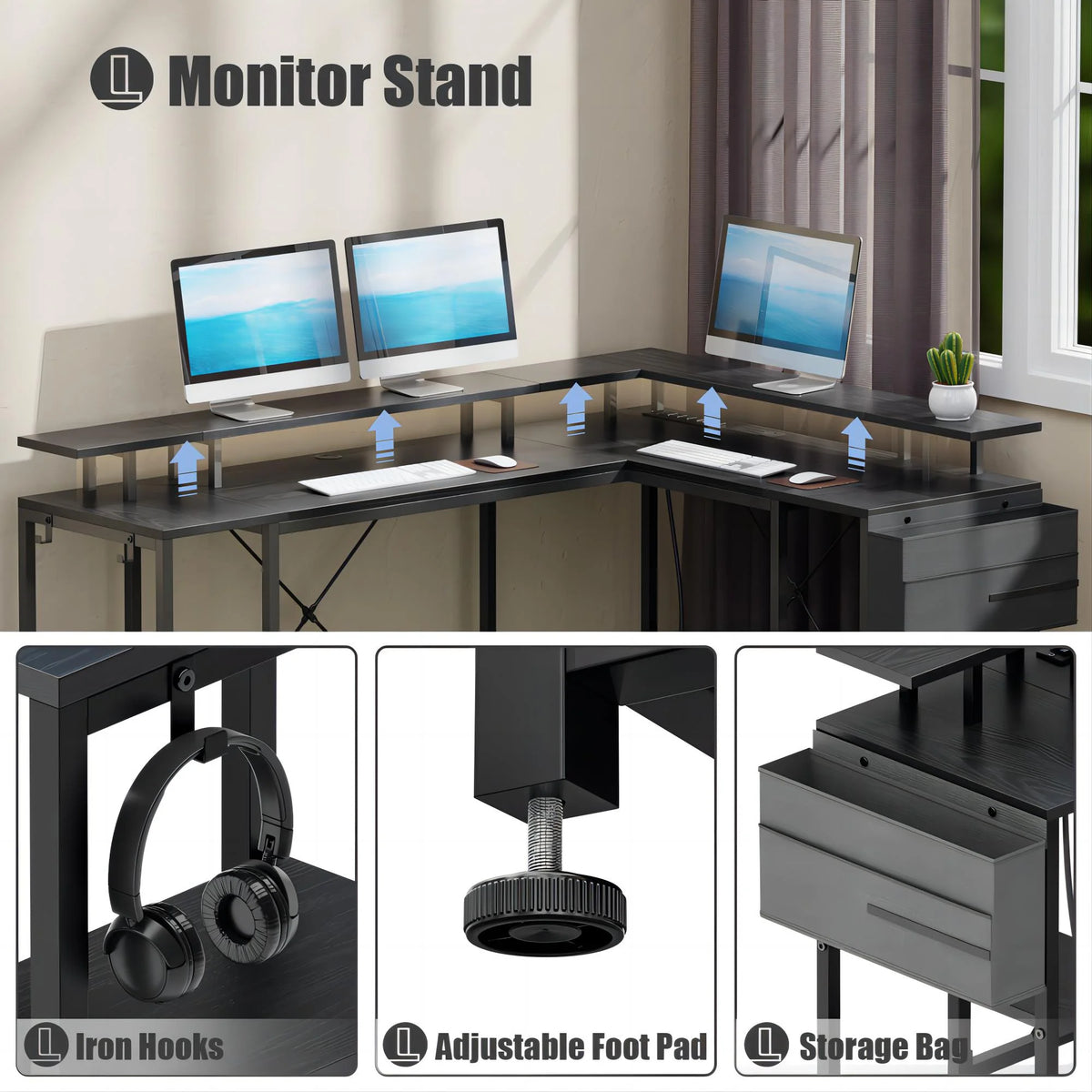 L Shaped Desk with LED Light and Monitor Stand, Black U406