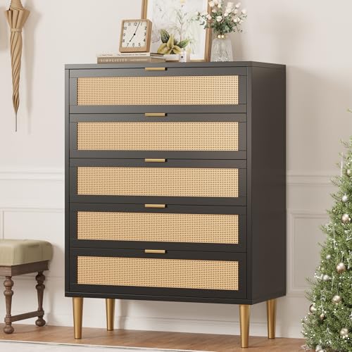 Oak 5 Drawer Rattan Wood Dresser I292046