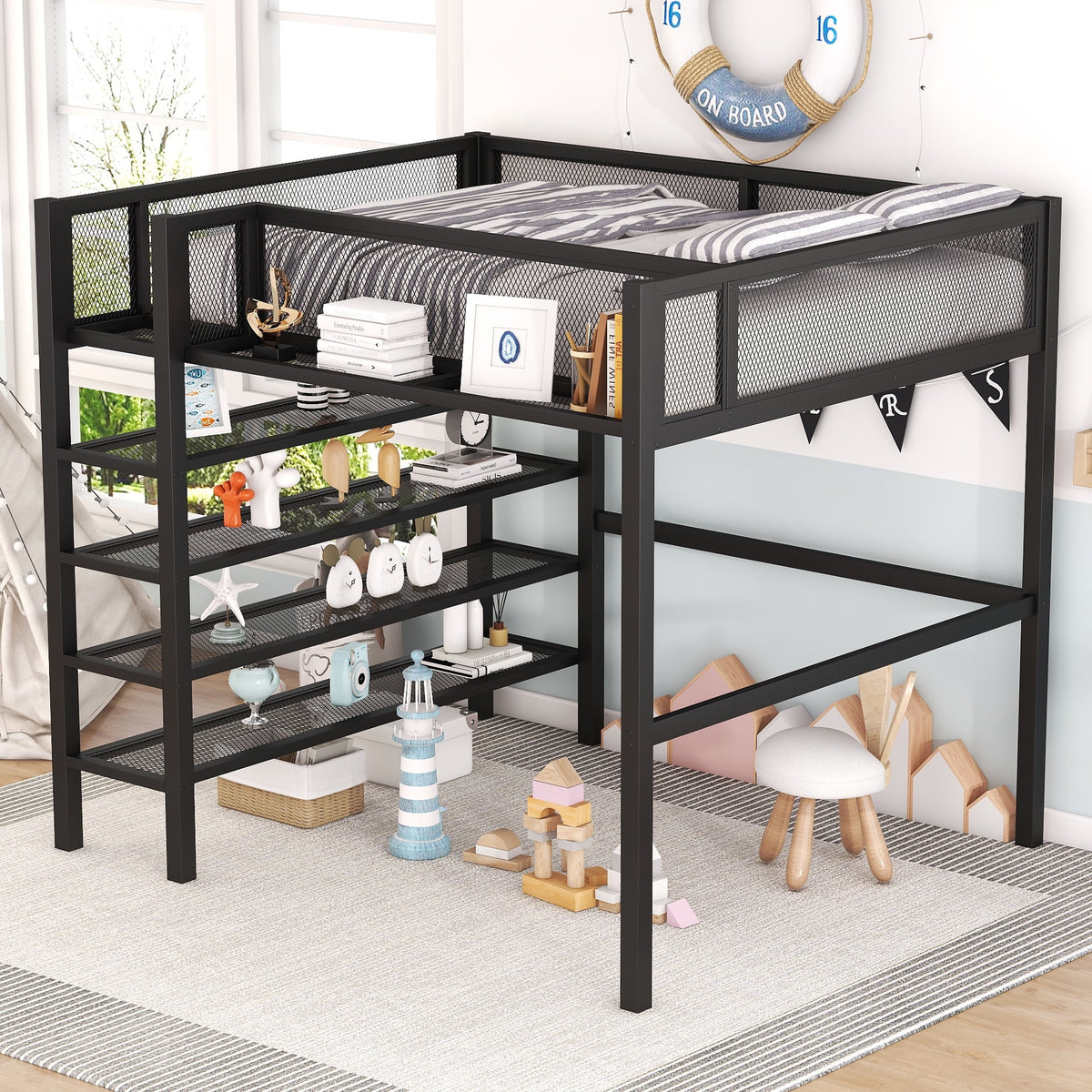 Full Size Black Metal Loft Bed with Shelves and Storage B10727
