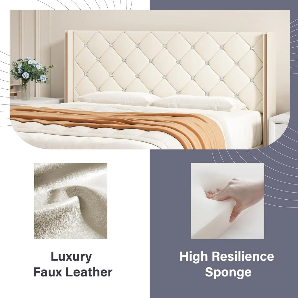 Queen Size Upholstered Platform Bed Frame with Wingback Diamond Tufted Headboard V587
