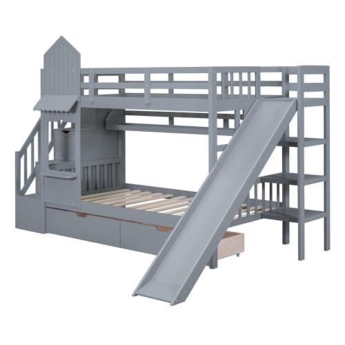 Full-Over-Full Wood Bunk Bed with Slide and Storage Staircase O90819