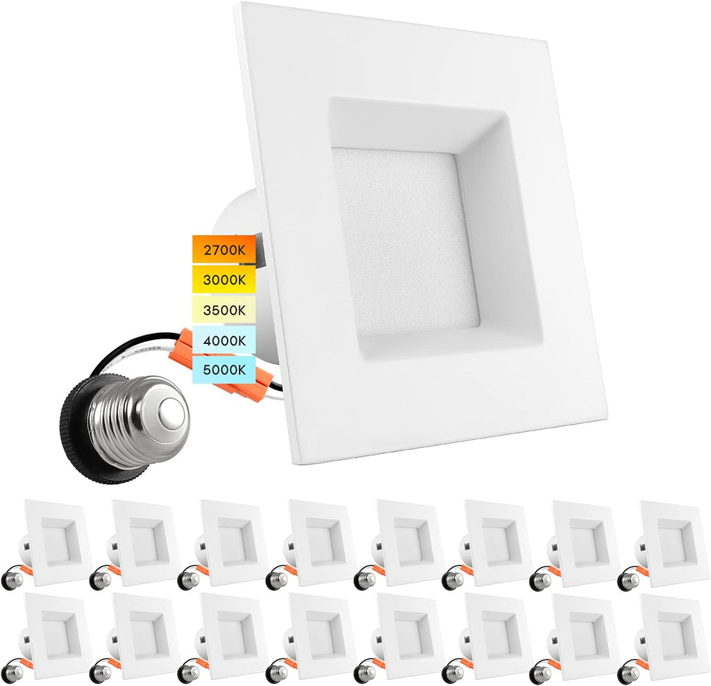 4 Inch Square Recessed LED Can Lights, CCT Selectable Dimmable, 6 Pack M311462