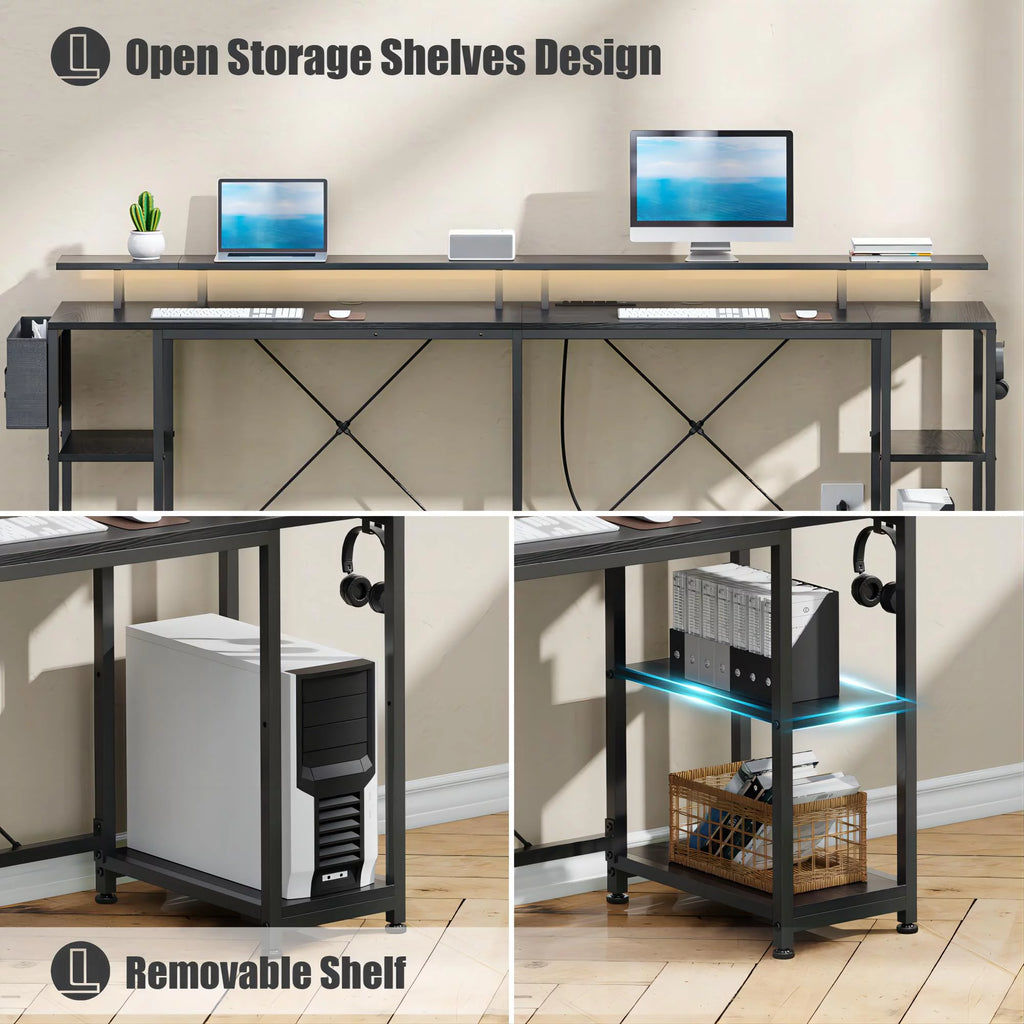 L Shaped Desk with LED Light and Monitor Stand, Black U406