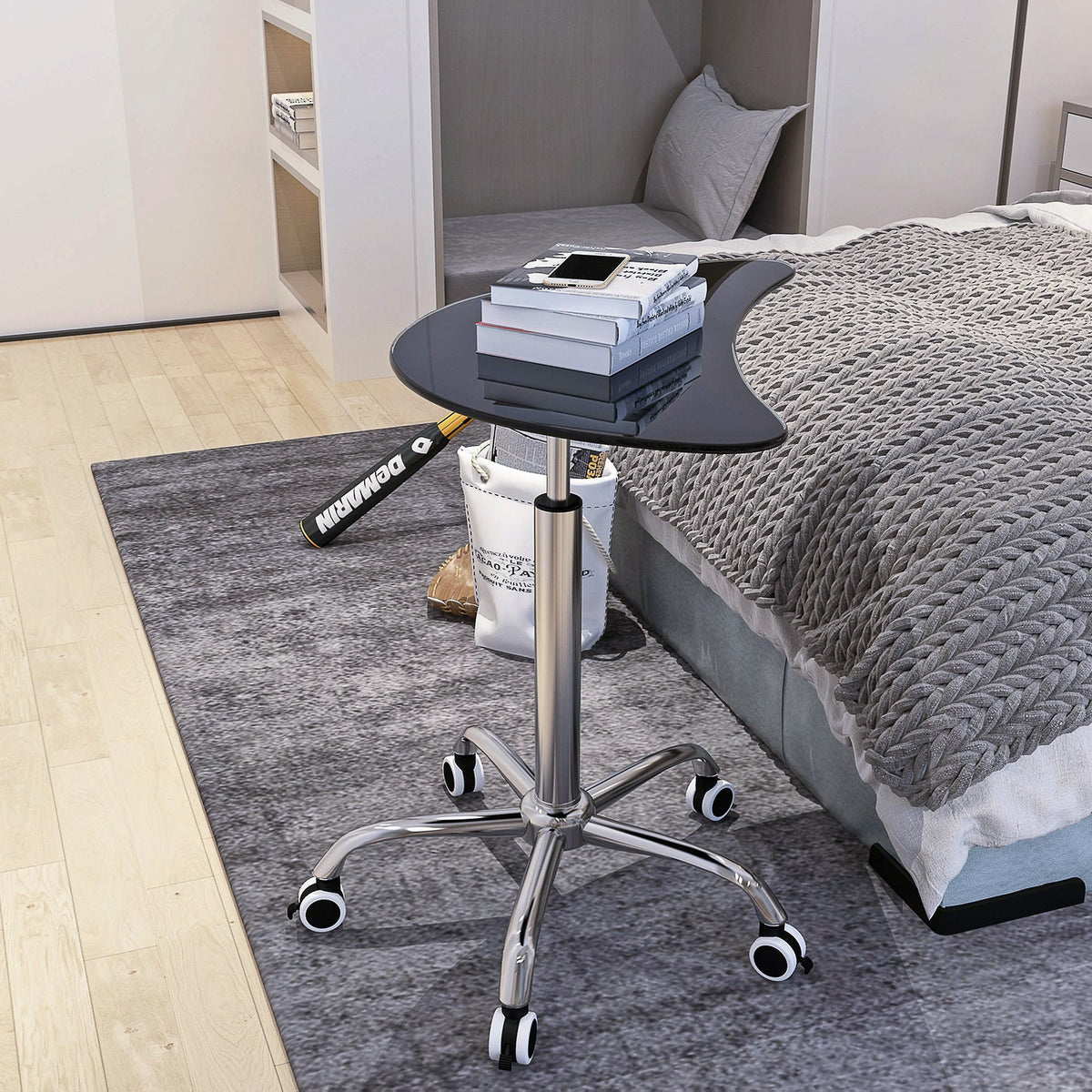 Adjustable Height Black Tempered Glass Table Desk with Lockable Wheels G197235