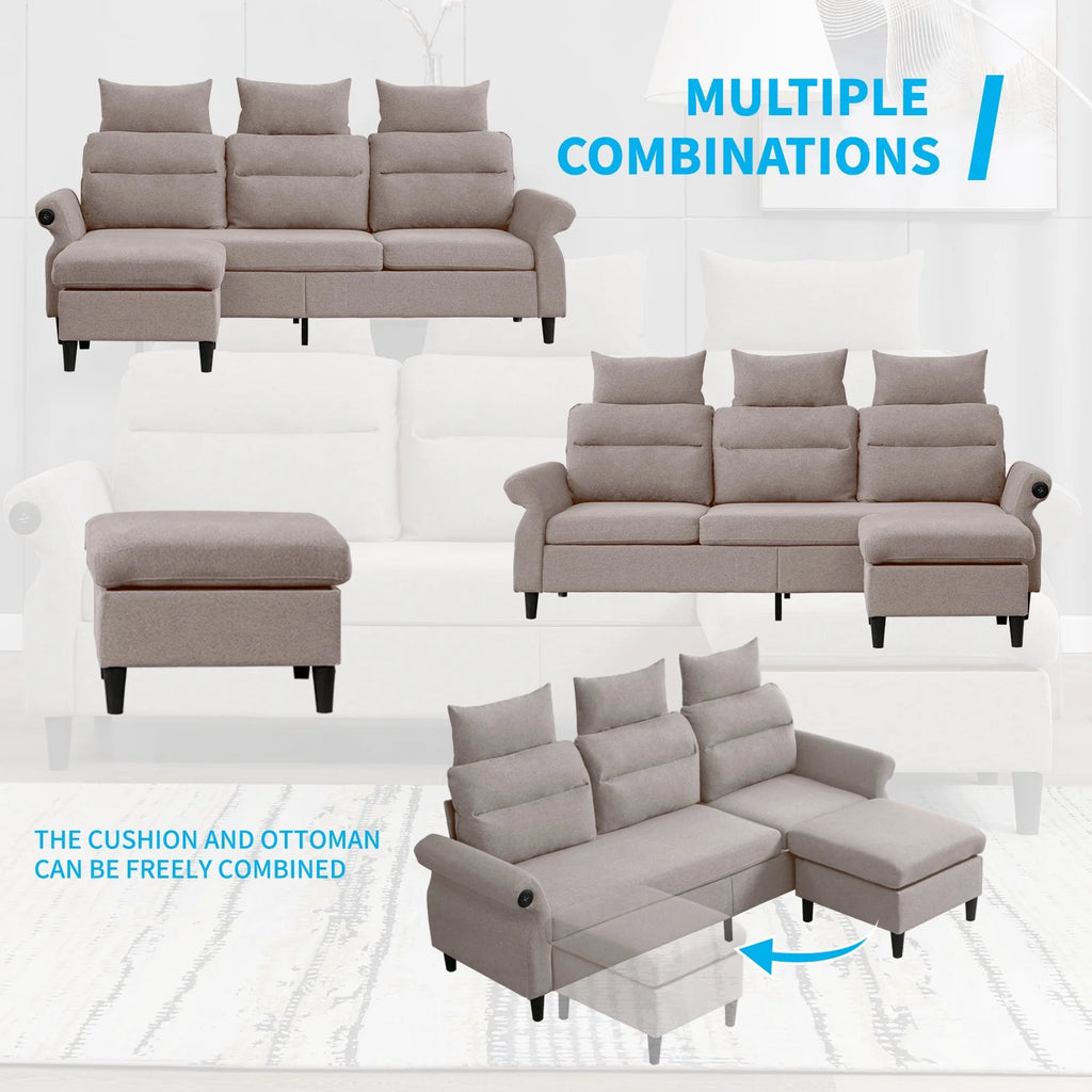 Beige L-Shaped Sectional Sofa with Storage Ottoman and 2 USB Ports Q588056