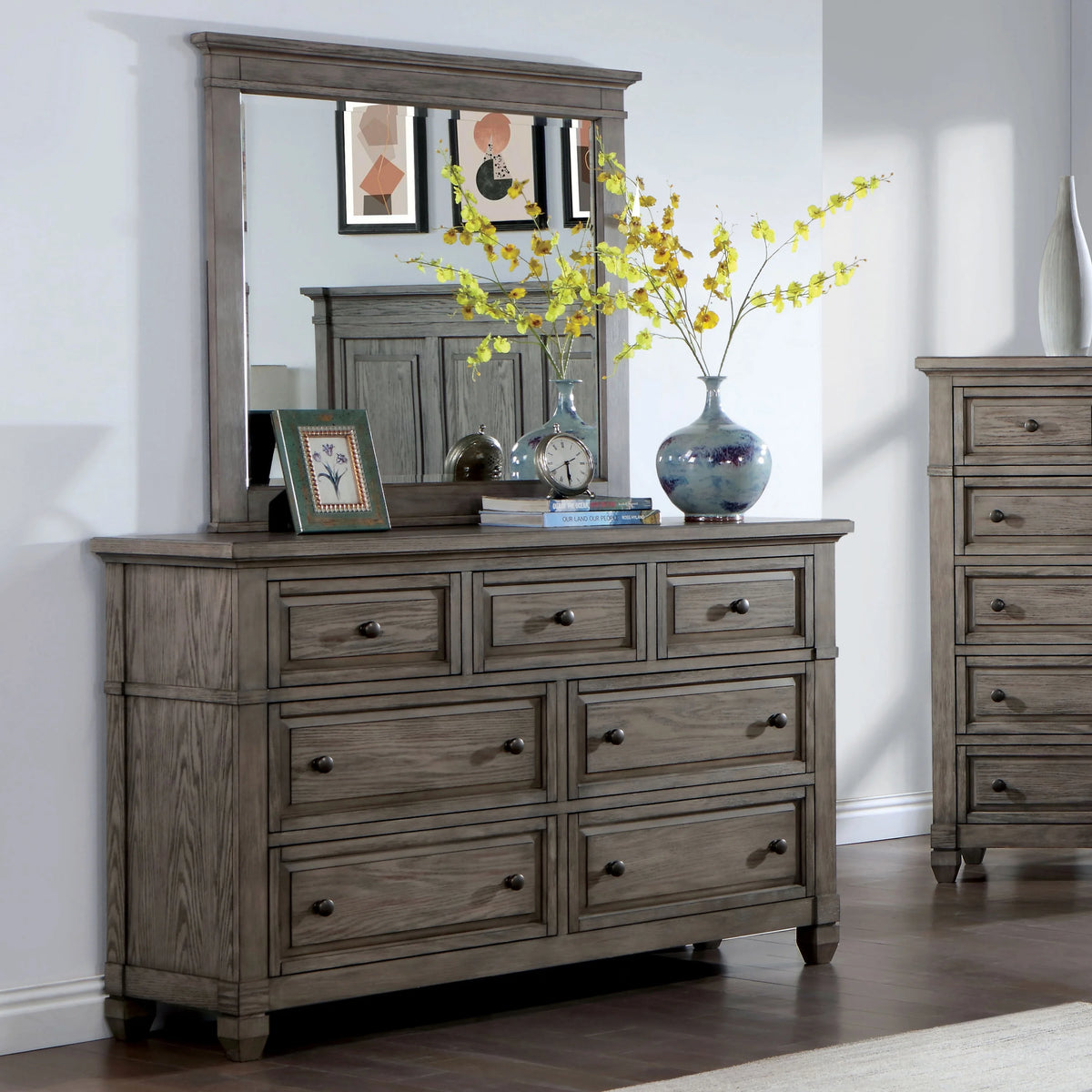 Gray Wood 7-Drawer Dresser with Mirror D6155