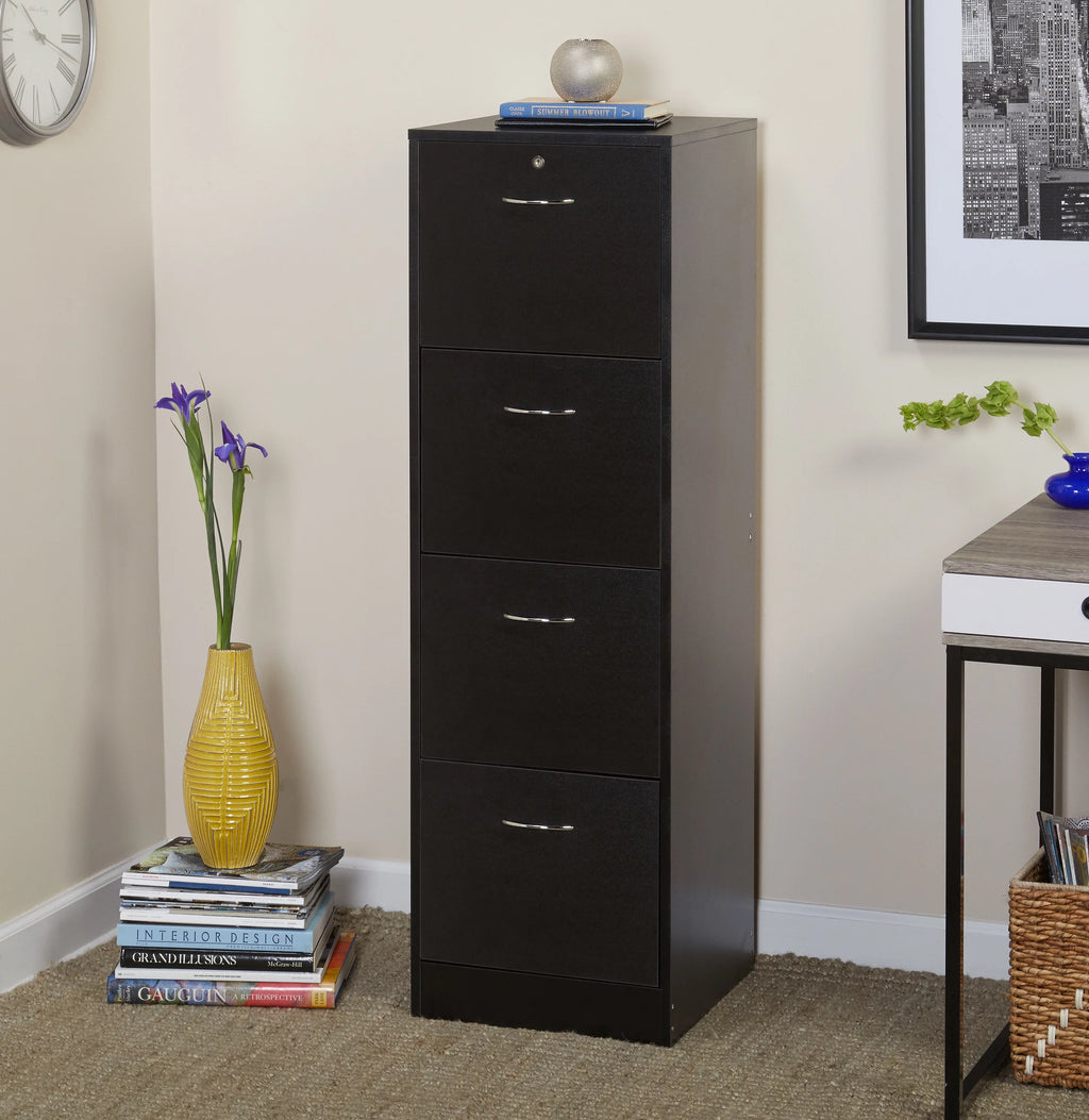 4 Drawer Wood Lockable Filing Cabinet, Black O985111