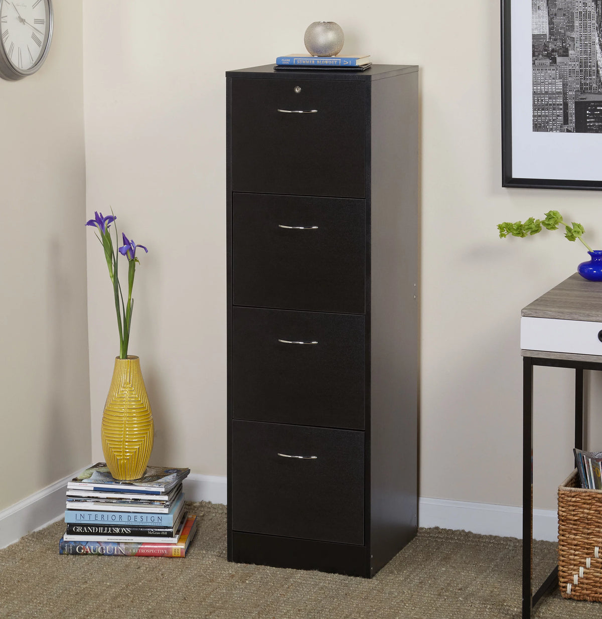 4 Drawer Wood Lockable Filing Cabinet, Black O985111