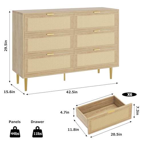 Oak 5 Drawer Rattan Wood Dresser I292046