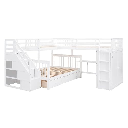 L-Shaped Twin-Twin Over Full Bunk Bed with Stairs and Guardrails H5962