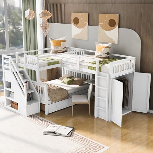 L-Shaped Twin-Twin Over Full Bunk Bed with Stairs and Guardrails H5962