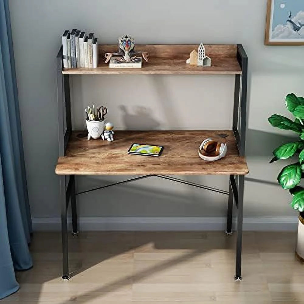 43 Inch Rustic Brown Computer Ladder Desk with Shelves W8772