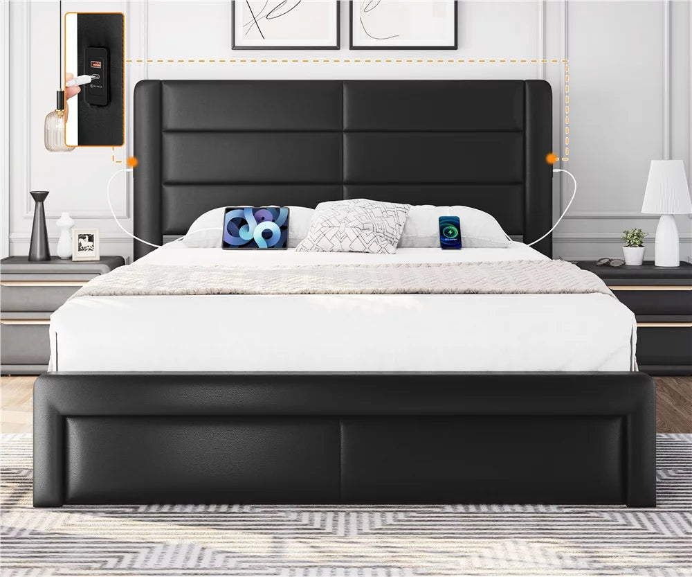 Queen Upholstered Leather Bed Frame with 3 Storage Drawers and USB Ports, Black R3683