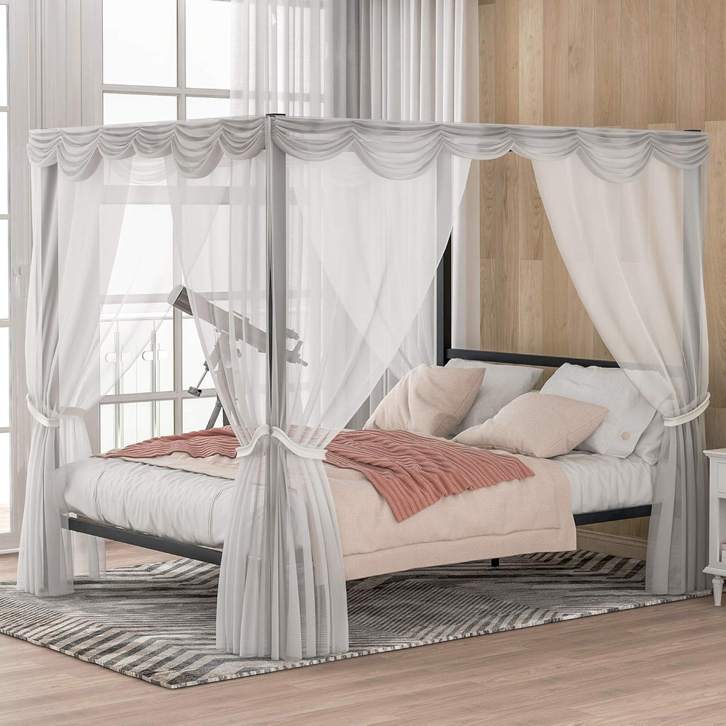 Queen Size Black Metal Canopy Bed Frame with Headboard H27022