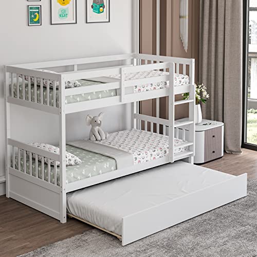 White Twin Over Twin Bunk Bed with Trundle T44003