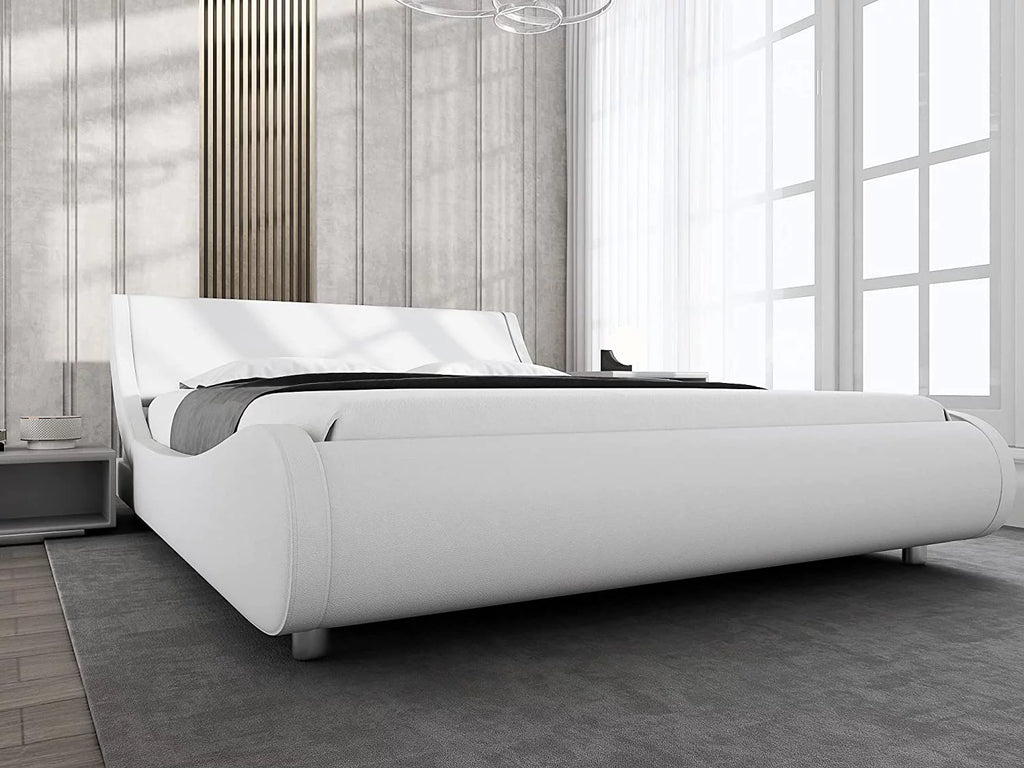 Glossy Black Full Size Platform Bed Frame with Leather Curved Adjustable Headboard K8963