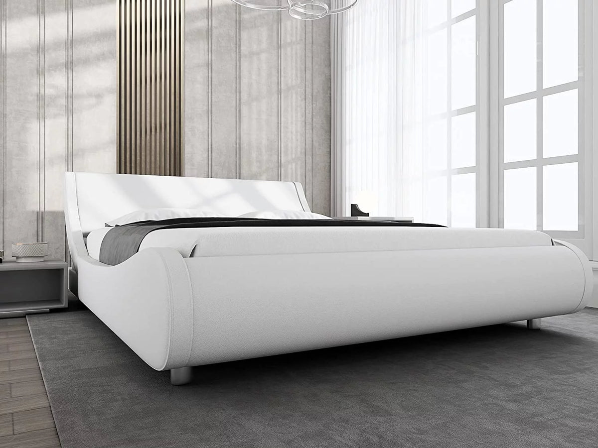 Glossy Black Full Size Platform Bed Frame with Leather Curved Adjustable Headboard K8963