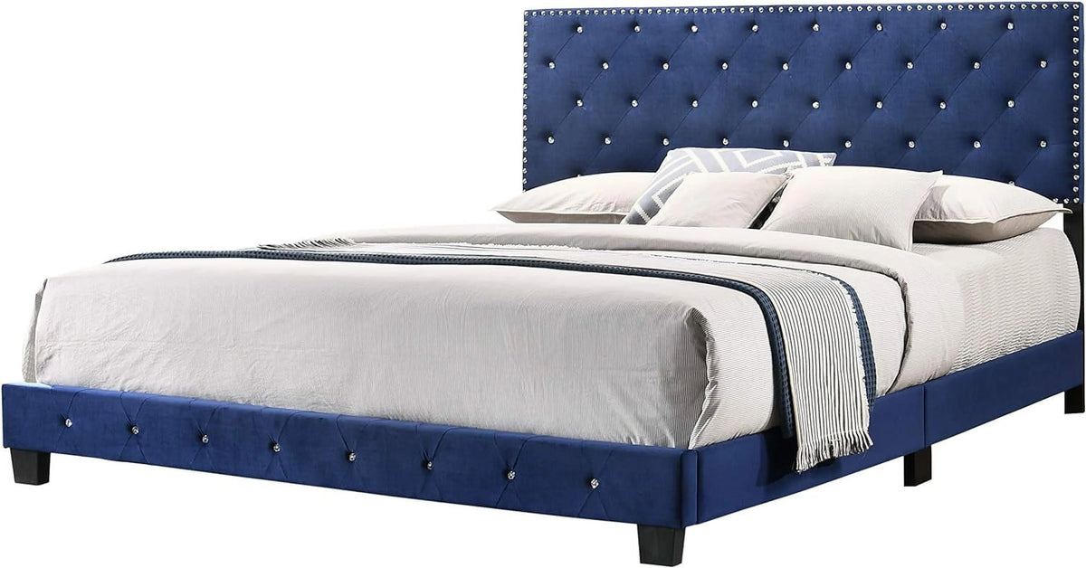 Velvet Upholstered King Bed Navy Blue J14061