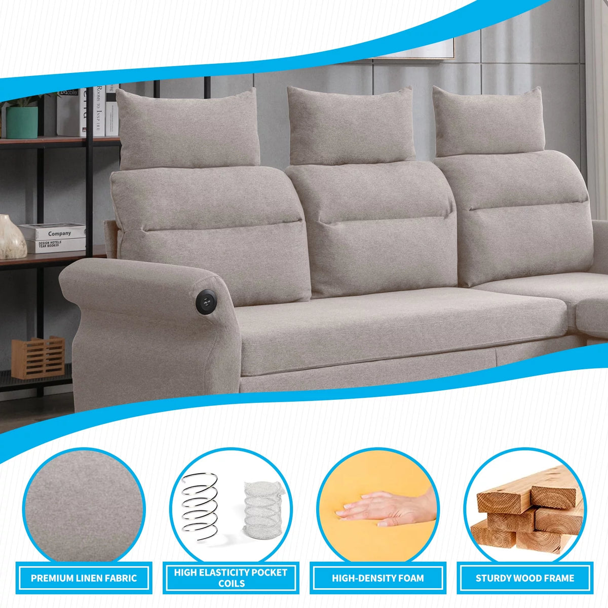 Beige L-Shaped Sectional Sofa with Storage Ottoman and 2 USB Ports Q588056