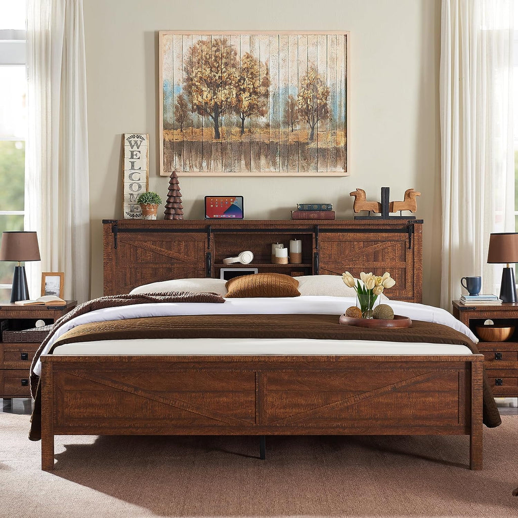 Light Rustic Oak Wood Platform Bed Frame with Bookcase Storage Headboard A76692