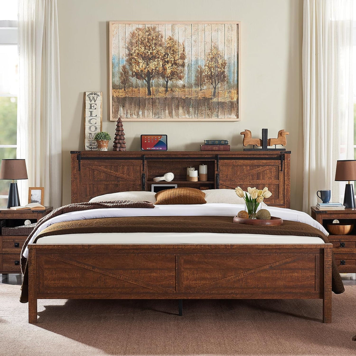 Light Rustic Oak Wood Platform Bed Frame with Bookcase Storage Headboard A76692