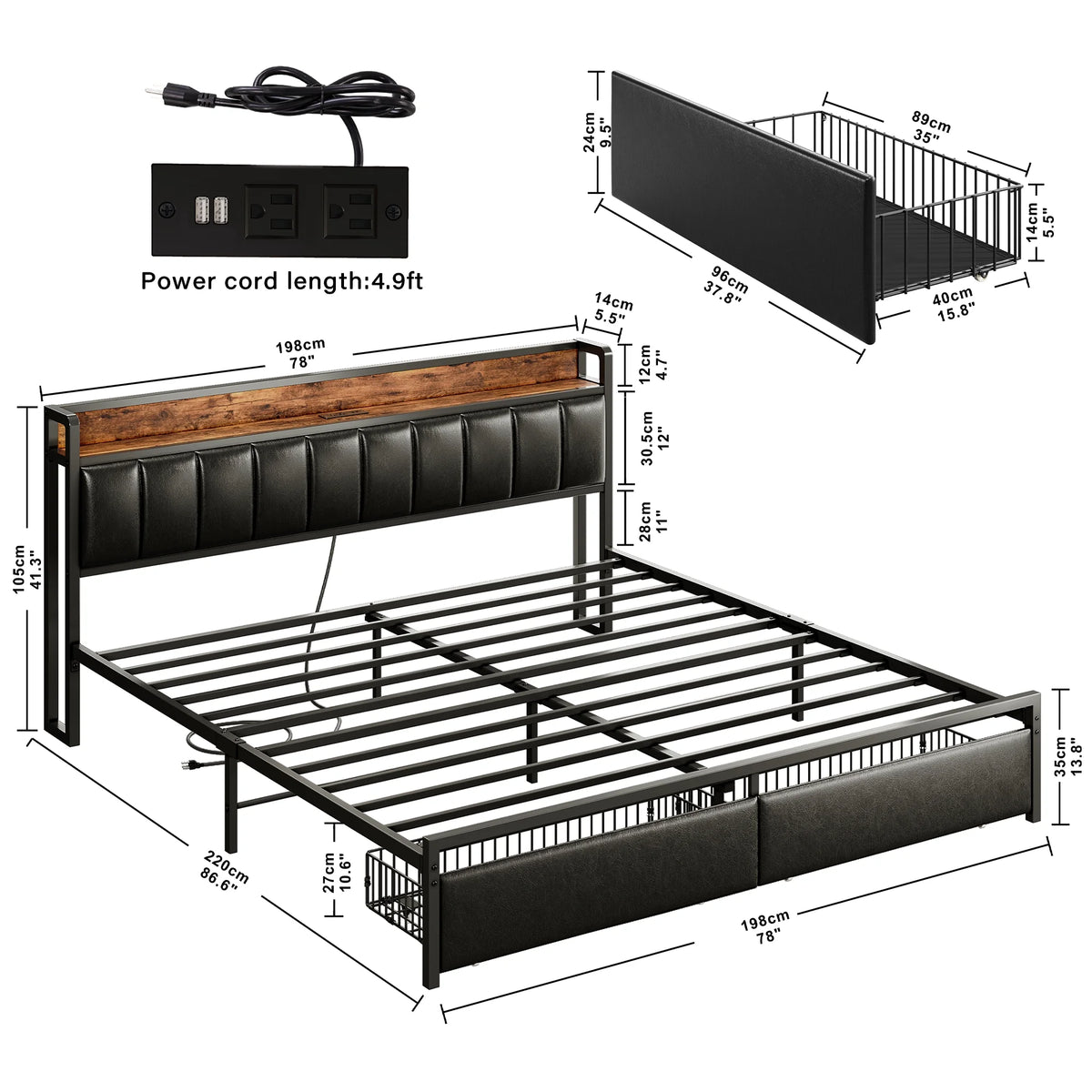 King Storage Bed Frame with Charging Station and Drawers A95008