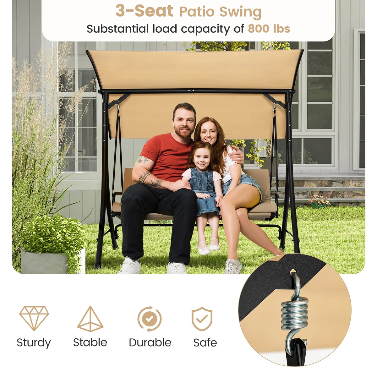 3 Person Patio Swing Chair with Cushions and Canopy A904660