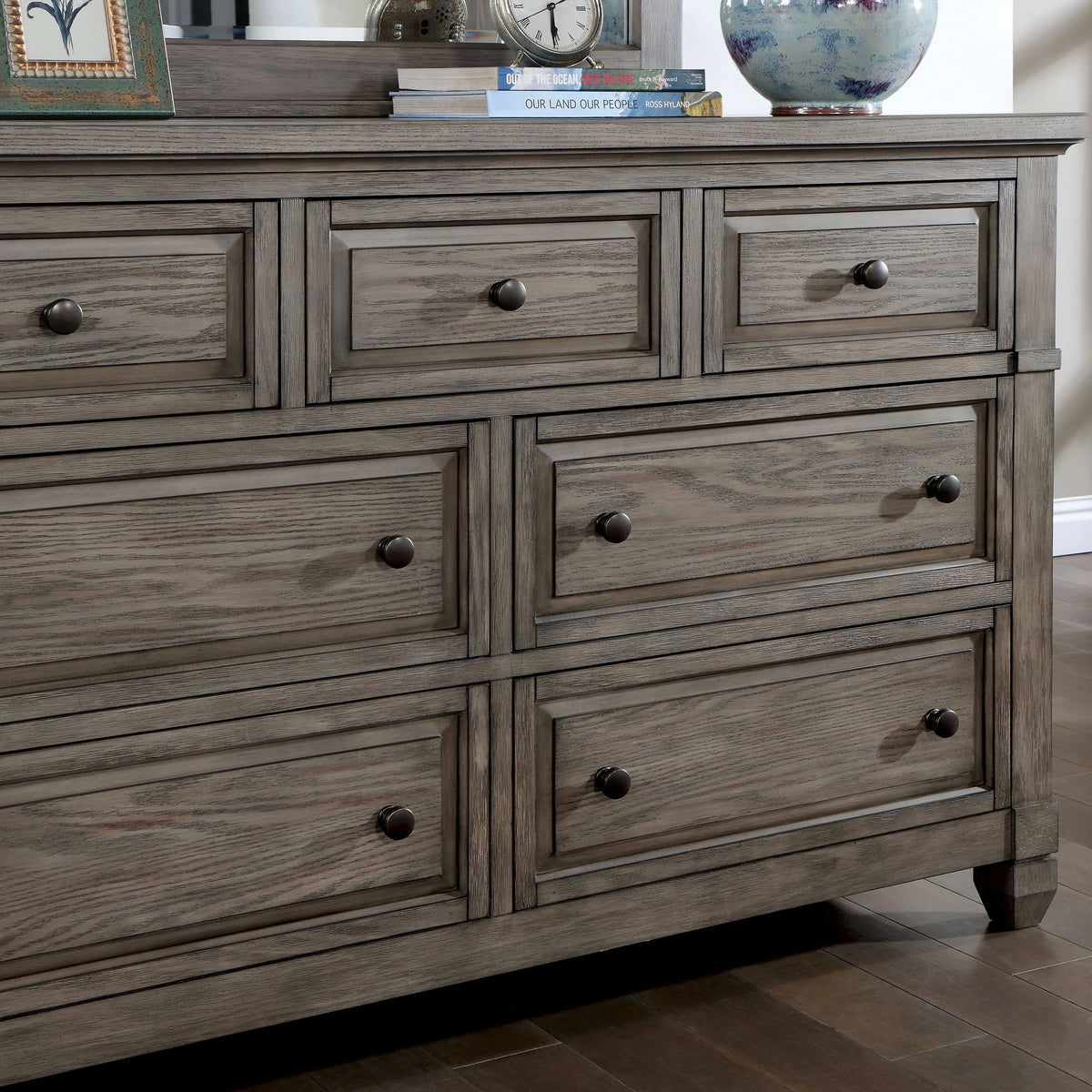 Gray Wood 7-Drawer Dresser with Mirror D6155