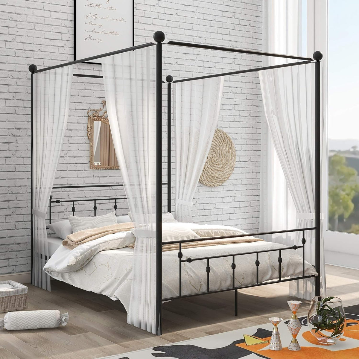 Queen Size Black Metal Canopy Bed Frame with Headboard H27022