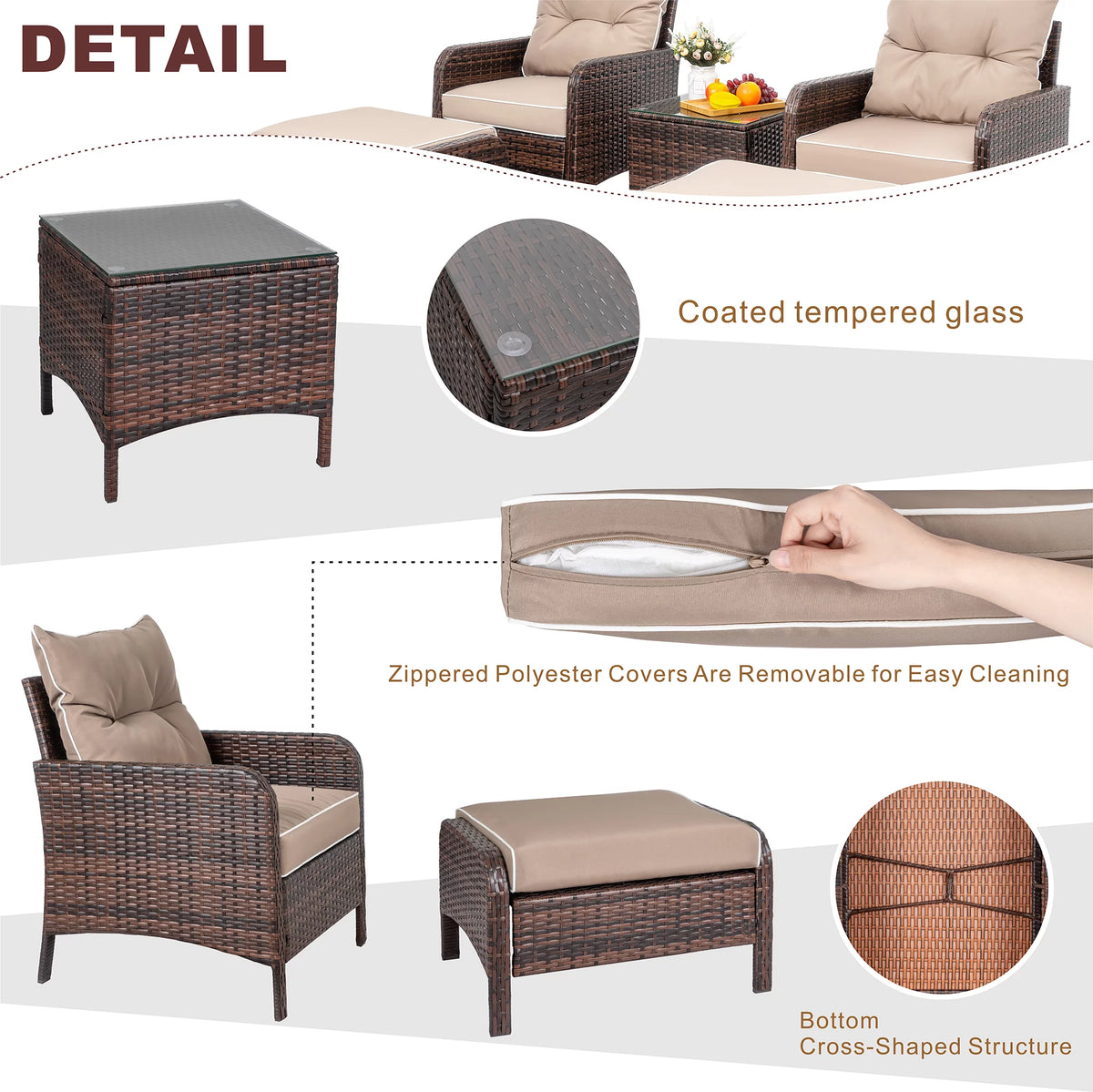 5 Piece PE Wicker Patio Furniture Set with Ottoman I4995