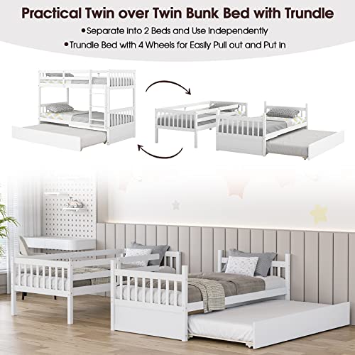 White Twin Over Twin Bunk Bed with Trundle T44003