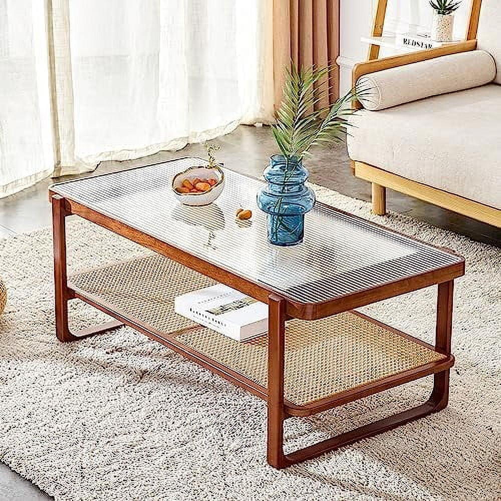 Modern Rattan Woven Glass Desktop Round Double-Layer Solid Wood Coffee Table M1455