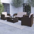 4 Piece Brown Faux Rattan Patio Furniture Set with Beige Cushions D377