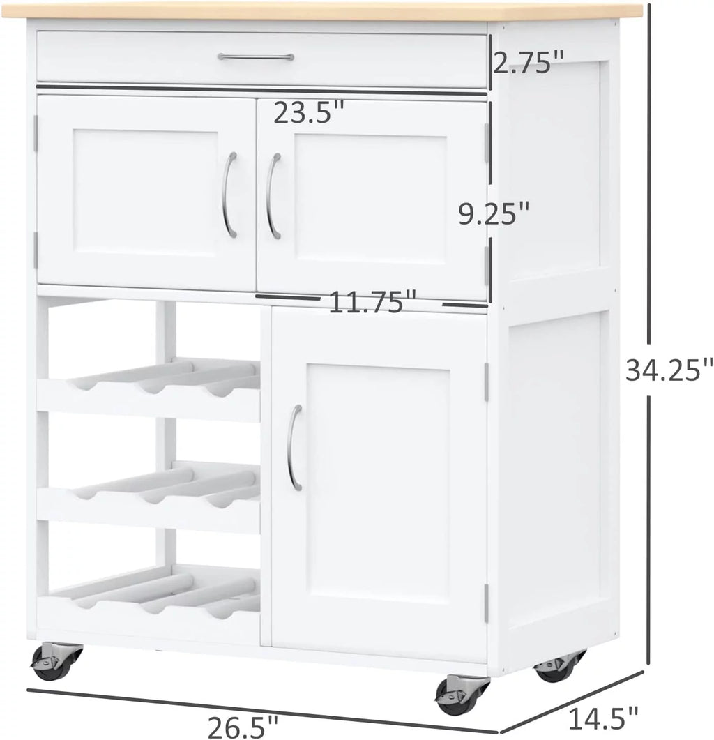 Rolling Kitchen Island with 9-Bottle Wine Rack and Drawer, White X513